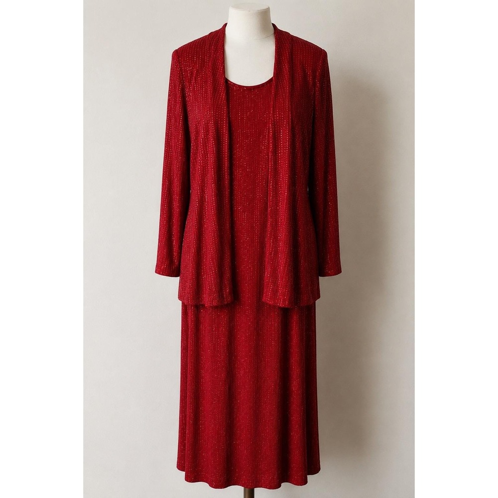 Alex Evenings Red Glitter Knit Maxi Dress and Jacket Set Formal Evening Wear L